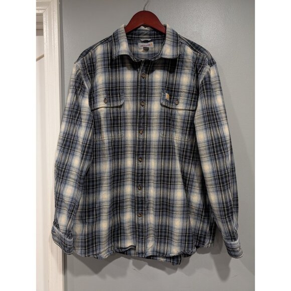 Carhartt Relaxed Fit Flannel Shirt Mens L Plaid Casual Button Down Pocket Blue - Picture 2 of 16